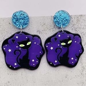Halloween Spider Bat Scary Black & Purple Cat Glitter Stud Earrings